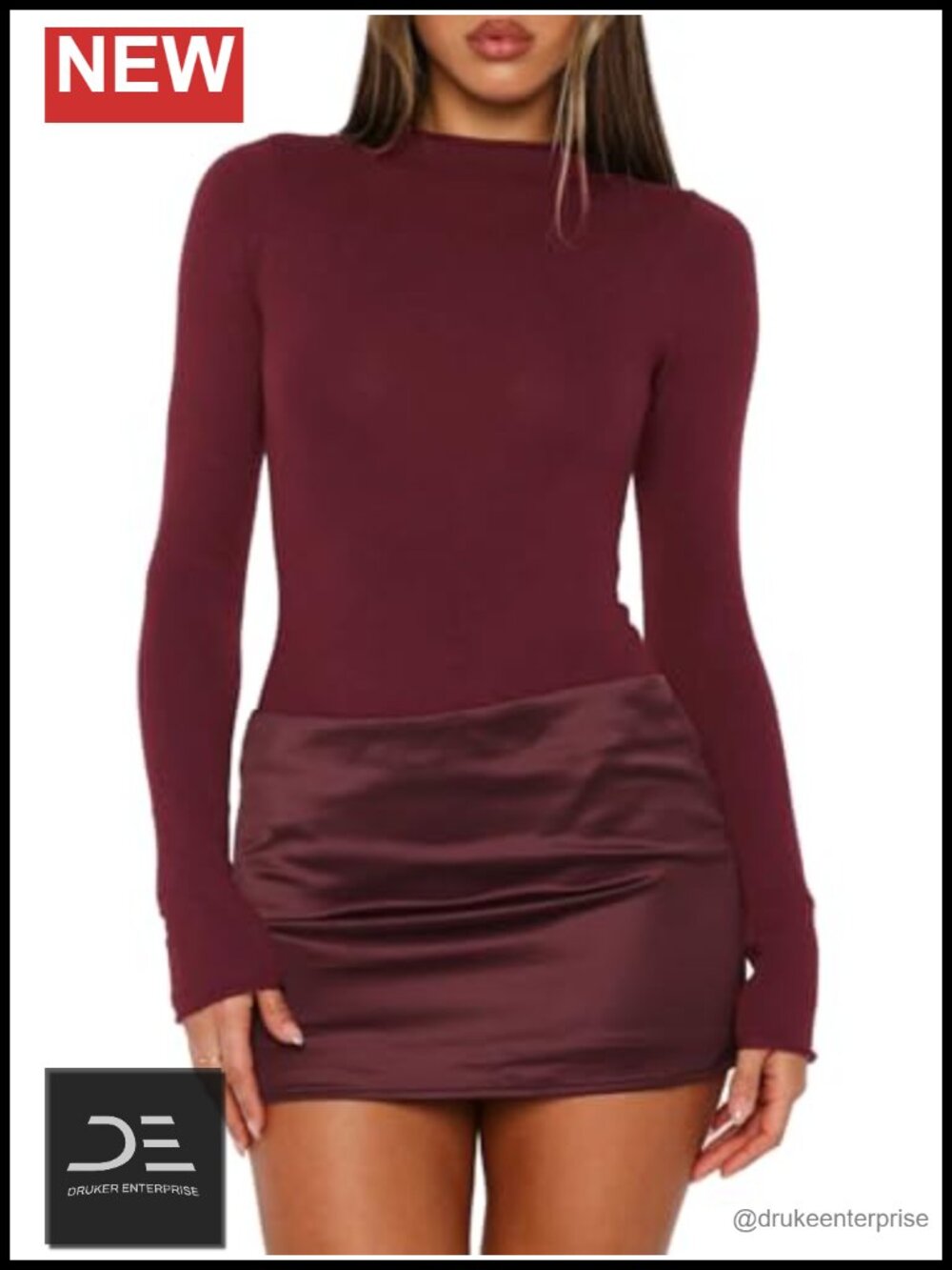 Women's 2 Piece Satin Mini Skirt Set with Bodysuit Long Sleeve Party Club Outfit